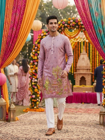 Elegant Pink Ethnic Kurta With Designer Print Work