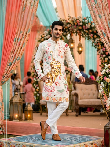Men's Designer Tiger Print Festive Cotton Ethnic Kurta