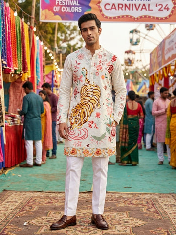 Men's Designer Tiger Print Festive Cotton Ethnic Kurta