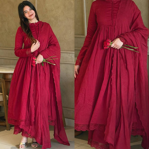 Women's Designer Maroon Roman Silk Embroidered Anarkali Gown Set with Dupatta & Bottom