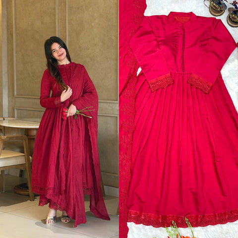 Women's Designer Maroon Roman Silk Embroidered Anarkali Gown Set with Dupatta & Bottom
