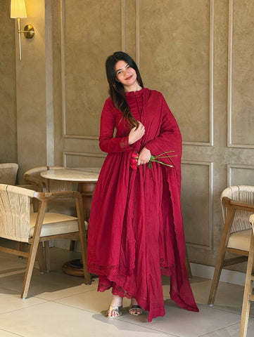 Women's Designer Maroon Roman Silk Embroidered Anarkali Gown Set with Dupatta & Bottom