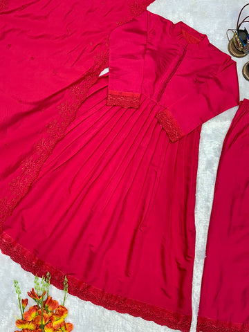 Women's Designer Maroon Roman Silk Embroidered Anarkali Gown Set with Dupatta & Bottom