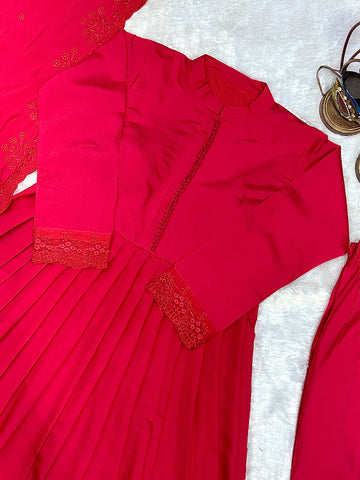 Women's Designer Maroon Roman Silk Embroidered Anarkali Gown Set with Dupatta & Bottom