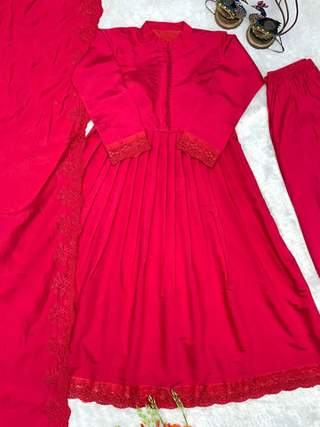 Women's Designer Maroon Roman Silk Embroidered Anarkali Gown Set with Dupatta & Bottom